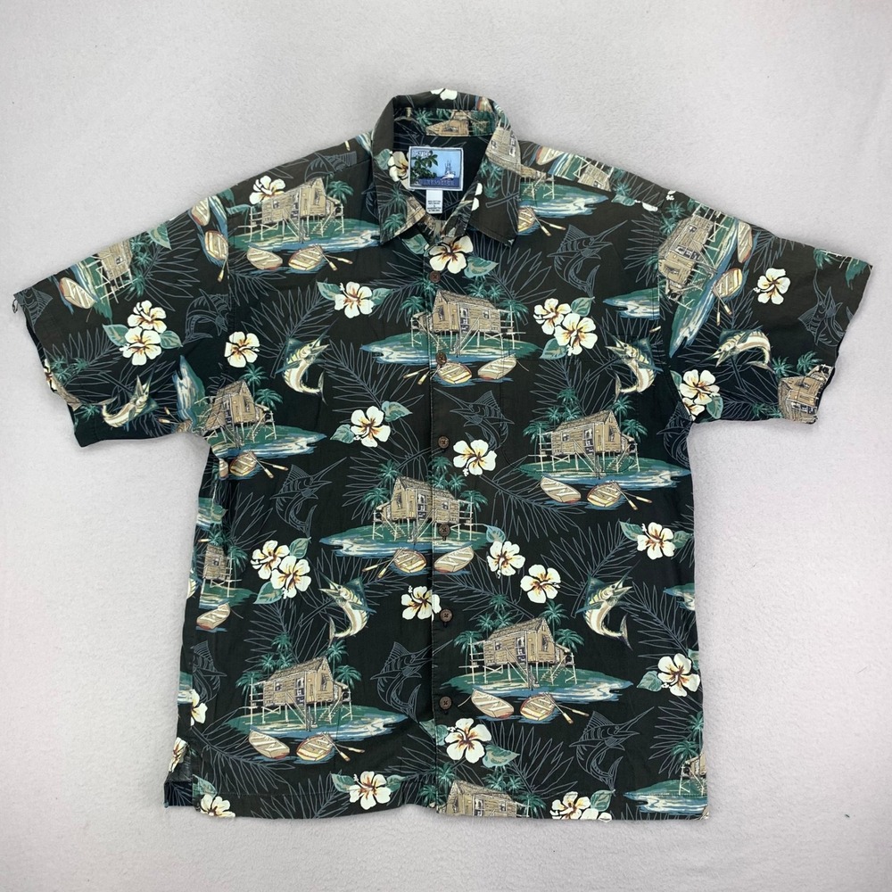 Vintage AFTCO Bluewater‎ Aloha Camp Shirt mens Large Black Reverse Print Floral